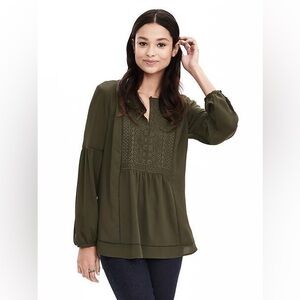 Banana Republic Olive Green Blouse Peasant Top Tunic Embroidery Irish LOTR Style